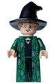 Minerva McGonagall wearing a dark green robe over a black dress, with a hat featuring hair and printed arms - hp473