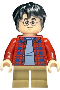Harry Potter Minifigure - Harry Potter  with a dark red plaid flannel shirt and dark tan short legs - hp481
