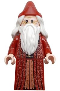 Albus Dumbledore Minifigure - Albus Dumbledore with white hair, wearing a dark red robe, and printed arms - hp488