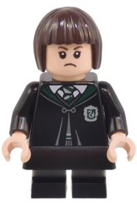 Pansy Parkinson Minifigure - Pansy Parkinson wearing a Slytherin robe clasped, black skirt, black short legs with dark bluish gray stripes - hp492