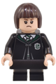 Pansy Parkinson wearing a Slytherin robe clasped, black skirt, black short legs with dark bluish gray stripes - hp492