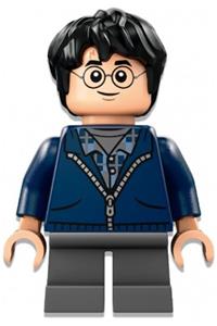 Harry Potter Minifigure - Harry Potter wearing a dark blue hoodie with dark bluish gray short legs - hp495