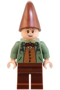 Arthur Weasley Minifigure - Arthur Weasley wearing a sand green open jacket, reddish brown legs, and hat - hp514