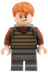 Fred Weasley Minifigure - Fred Weasley wearing a dark green striped sweater vest with dark bluish gray medium legs - hp515
