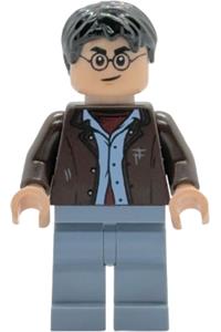 Harry Potter Minifigure - Harry Potter wearing a dark brown open jacket, sand blue legs, and bright pink Stinging Jinx face - hp528