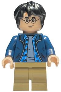 Harry Potter Minifigure - Harry Potter wearing a dark blue open jacket over a plaid shirt with collar and sand blue shirt, and dark tan medium legs - hp544