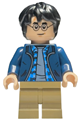 Harry Potter wearing a dark blue open jacket over a plaid shirt with collar and sand blue shirt, and dark tan medium legs - hp544
