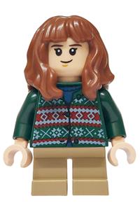Hermione Granger Minifigure - Hermione Granger wearing a dark green sweater and dark tan short legs - hp553