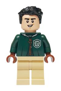 Marcus Flint Minifigure - Marcus Flint in a dark green Slytherin Quidditch uniform with hood and tan legs - hp559