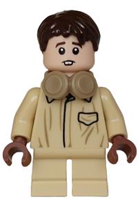 Neville Longbottom Minifigure - Neville Longbottom wearing coveralls and headphones with tan short legs and a tooth gap lopsided smile - hp569