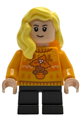 Hannah Abbott wearing a bright light orange holiday sweater with black short legs - hp592
