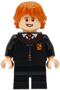 Ron Weasley Minifigure - Ron Weasley wearing a Gryffindor robe clasped with black medium legs and an open mouth smile - hp604