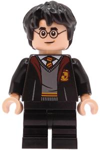 Harry Potter Minifigure - Harry Potter with thick, messy hair wearing an open Gryffindor robe and black medium legs - hp605