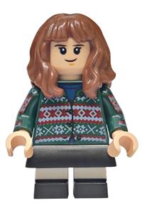 Hermione Granger Minifigure - Hermione Granger wearing a dark green sweater with printed arms, a black skirt, and short legs with white stripes - hp611