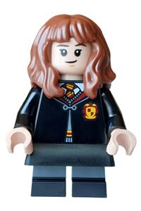 Hermione Granger Minifigure - Hermione Granger wearing a Gryffindor robe clasped, black skirt, black short legs with dark bluish gray stripes and grin/cat face - hp617