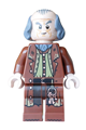 Argus Filch with bald on top, wearing a reddish brown coat, dark tan vest and olive green shirt - hp621