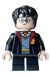 Harry Potter Minifigure - Harry Potter wearing a Gryffindor open robe with black short legs, a grin and reddish brown eyebrows - hp624