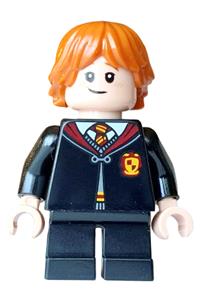 Ron Weasley Minifigure - Ron Weasley with lopsided grin/scared open mouth and cheek lines, wearing Gryffindor robe clasped over sweater, shirt and tie, black short legs - hp628