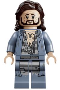 Sirius Black Minifigure - Sirius Black with dark brown hair wearing a sand blue jacket over a tattered striped shirt and printed legs - hp630