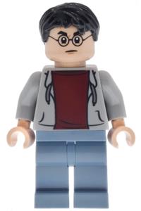 Harry Potter Minifigure - Harry Potter with a light bluish gray open hoodie and sand blue legs - hp631
