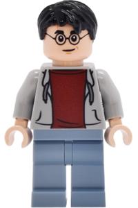Harry Potter Minifigure - Harry Potter with lime eyes and a grin/possessed expression wearing a light bluish gray open hoodie and sand blue legs - hp647