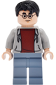 Harry Potter with lime eyes and a grin/possessed expression wearing a light bluish gray open hoodie and sand blue legs - hp647