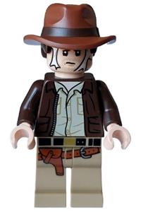 Indiana Jones Minifigure - Indiana Jones with a dark brown jacket, reddish brown dual molded hat with hair, and spider web on face - iaj056
