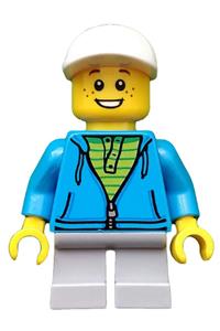 Boy Minifigure - Boy with white cap, dark azure hoodie and lime shirt - idea033
