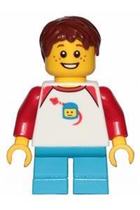 Boy with Freckles Minifigure - Boy with Freckles, classic space shirt with red sleeves, dark azure short legs, reddish brown hair - idea051