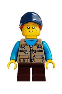 Girl with Freckles Minifigure - Freckled girl wearing a dark tan vest over a dark azure shirt and a dark blue cap - idea054