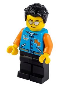 Vintage Car Man Minifigure - Man with black hair wearing a dark azure letter jacket and black legs - idea080