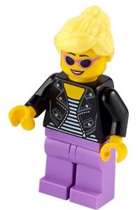 Vintage Car Gal Minifigure - Woman with bright light yellow hair wearing a black leather jacket and medium lavender legs - idea081