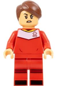 Soccer Player Minifigure - Female soccer player with medium tan skin, wearing a red uniform and reddish brown smooth parted hair - idea125