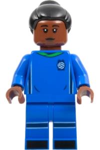 Soccer Player Minifigure - Female soccer player with reddish brown skin wearing a blue uniform and a black bun - idea126