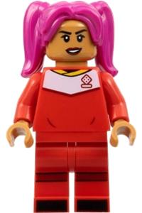 Soccer Player Minifigure - Female soccer player with magenta hair, wearing a red uniform and medium nougat skin - idea127