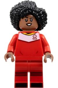 Soccer Player Minifigure - Female soccer player with medium brown skin, black bushy hair, and a red uniform - idea129