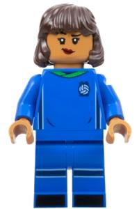 Soccer Player Minifigure - Female soccer player with medium nougat skin, wearing a blue uniform, and dark brown hair - idea130