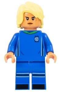 Soccer Player Minifigure - Female soccer player with bright light yellow hair, wearing a blue uniform and having nougat skin - idea134