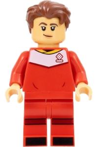 Soccer Player Minifigure - Female soccer player with reddish brown wavy hair wearing a red uniform and medium tan skin - idea137