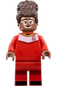 Soccer Player Minifigure - Female soccer player with medium brown skin, wearing a red uniform, with a dark brown updo and vitiligo - idea139