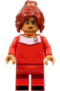 Soccer Player Minifigure - Female soccer player with medium nougat skin, wearing a red uniform and sporting a dark red ponytail - idea141