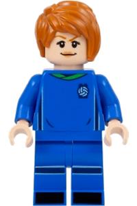 Soccer Player Minifigure - Female soccer player with light nougat skin and dark orange side bangs in a blue uniform - idea142