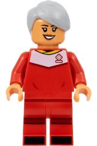 Soccer Player Minifigure - Female soccer player with light bluish gray hair, wearing a red uniform and having nougat skin - idea143