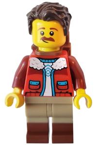 Hipster Camper (Campster) - Male camper with dark brown hair, red jacket, dark tan legs, reddish brown boots, backpack, mustache, and mullet - idea147