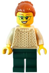 Camper Minifigure - Female camper with dark orange hair wearing glasses, a tan sweater, and dark green legs - idea148