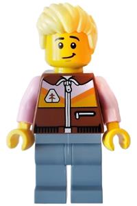 Male Camper Minifigure - Male camper with bright light yellow hair, wearing a reddish brown jacket, and sand blue legs - idea150