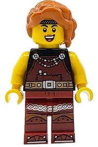 Viking Blacksmith Minifigure - Female Viking Blacksmith with dark orange hair, wearing dark red overalls and legs with trim - idea167