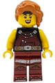 Female Viking Blacksmith with dark orange hair, wearing dark red overalls and legs with trim - idea167