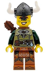 Viking Archer Minifigure - Male Viking Archer in olive green tunic, dark orange legs with loincloth, pearl dark gray helmet, and quiver - idea168