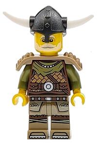 Viking Chieftain Minifigure - Male Viking Chieftain wearing leather armor, dark tan legs with tunic, pearl dark gray helmet, and shoulder armor - idea169